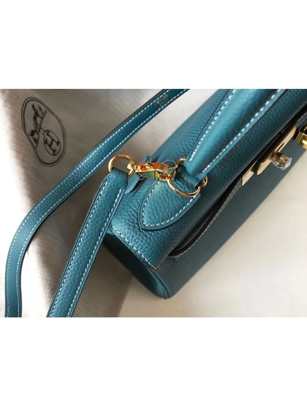 Hermes Kelly 32cm Bag In Blue Jean Clemence Leather GHW