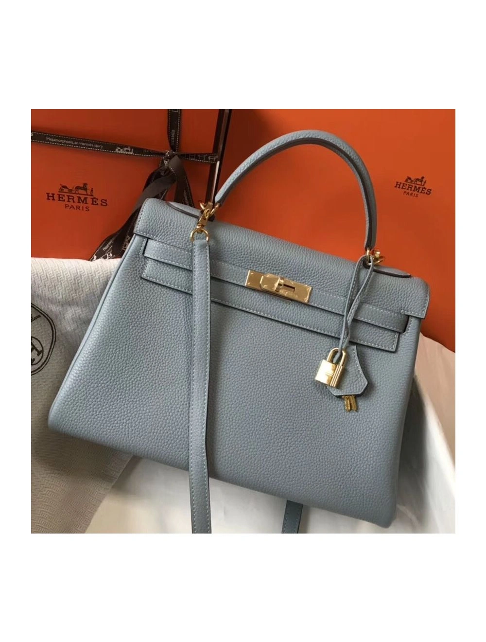 Hermes Kelly 32cm Bag In Blue Lin Clemence Leather GHW