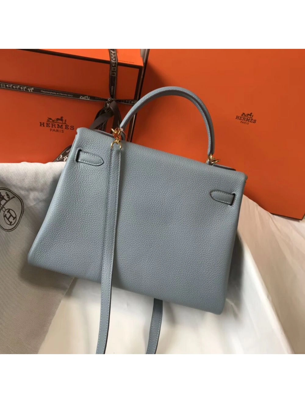 Hermes Kelly 32cm Bag In Blue Lin Clemence Leather GHW