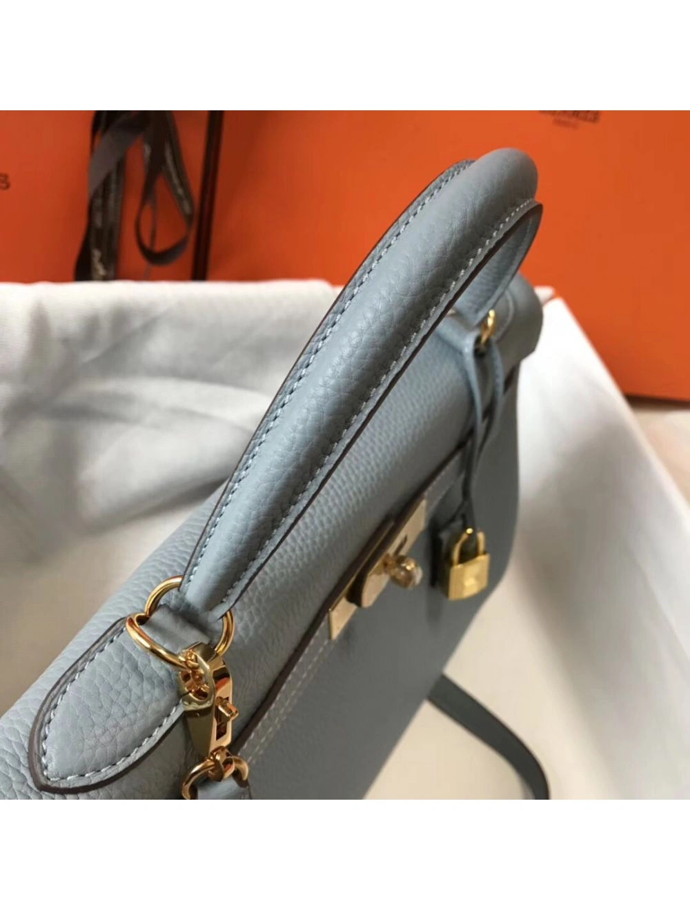 Hermes Kelly 32cm Bag In Blue Lin Clemence Leather GHW