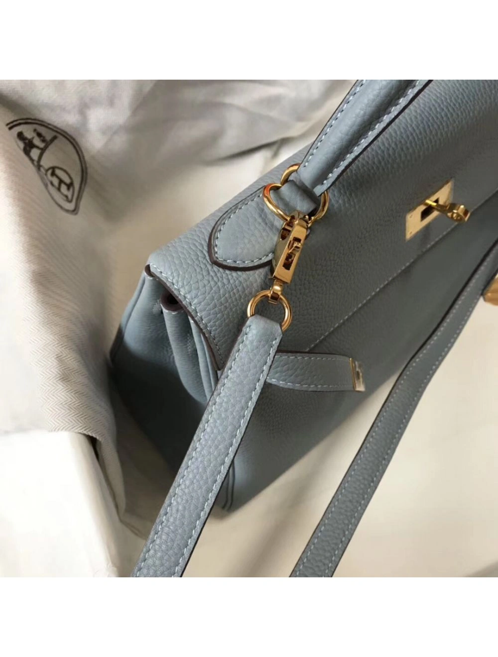 Hermes Kelly 32cm Bag In Blue Lin Clemence Leather GHW