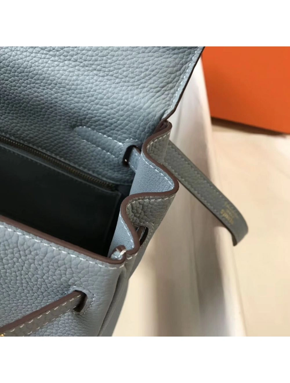 Hermes Kelly 32cm Bag In Blue Lin Clemence Leather GHW