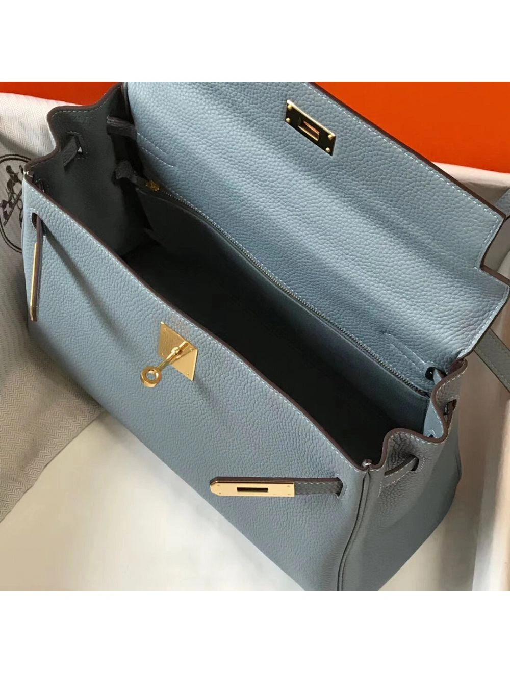 Hermes Kelly 32cm Bag In Blue Lin Clemence Leather GHW