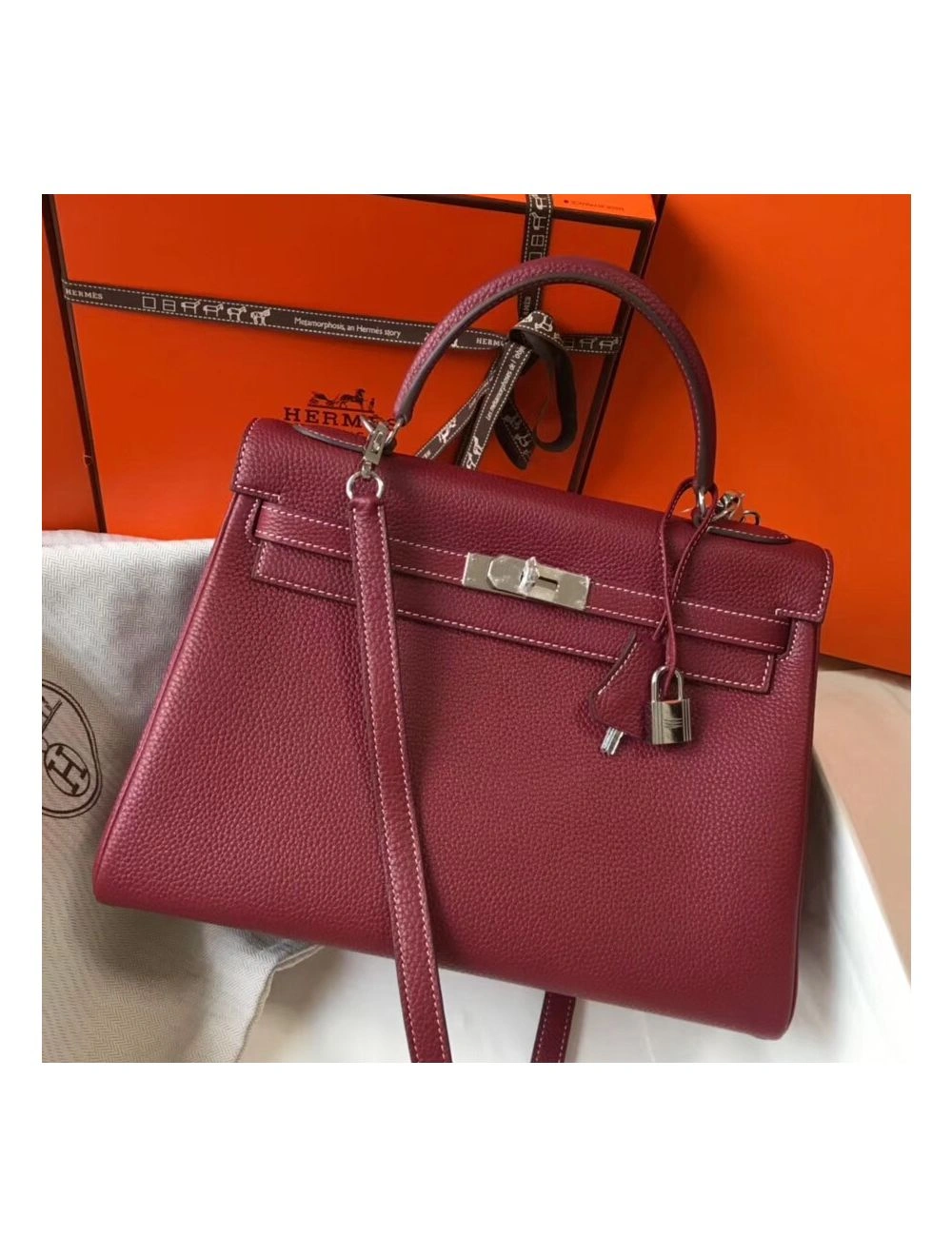 Hermes Kelly 32cm Bag In Bordeaux Clemence Leather PHW