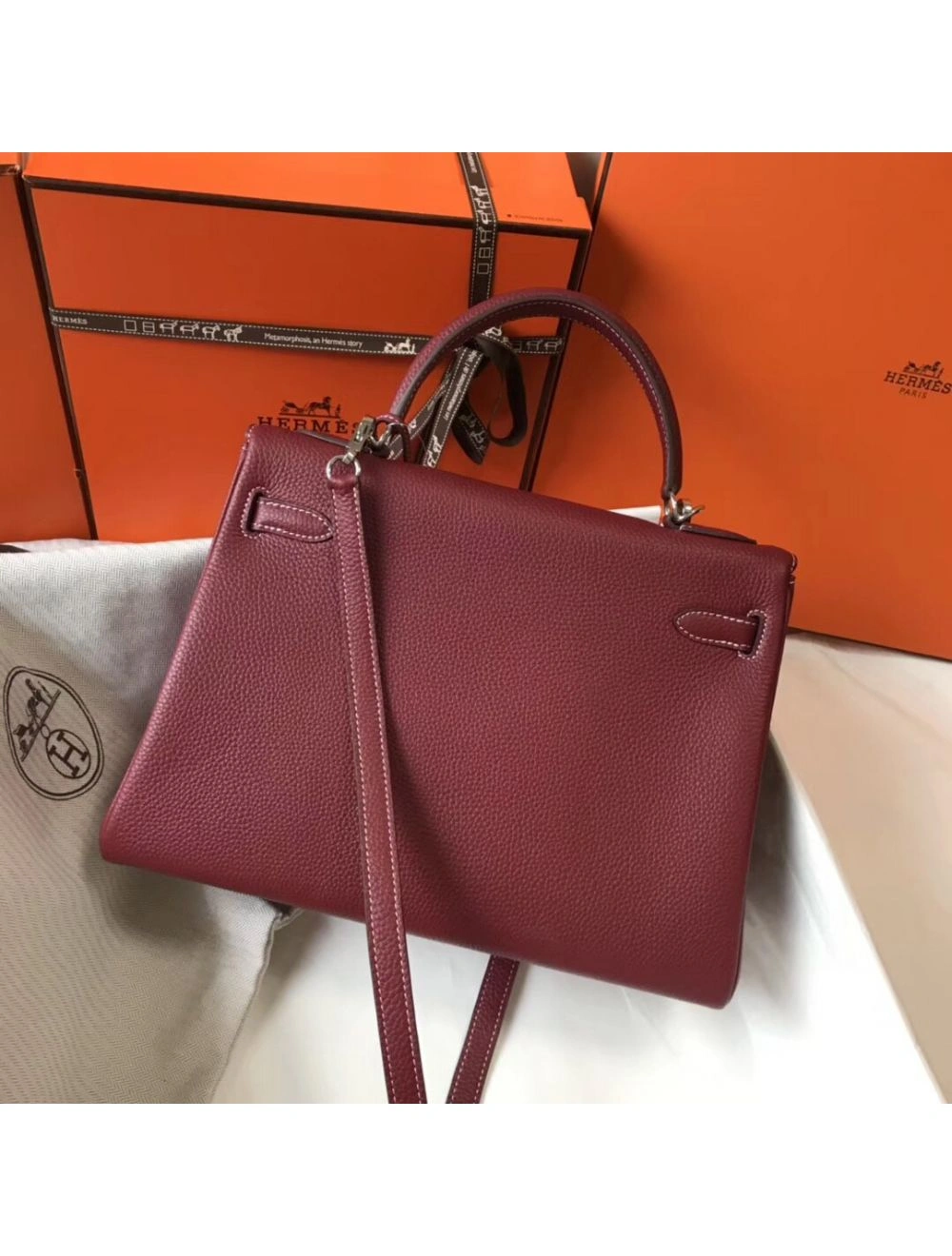 Hermes Kelly 32cm Bag In Bordeaux Clemence Leather PHW