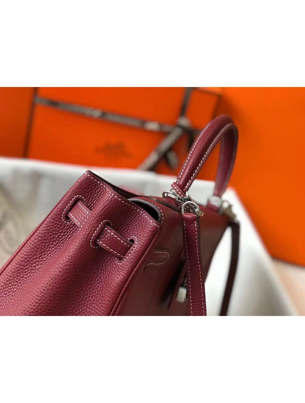 Hermes Kelly 32cm Bag In Bordeaux Clemence Leather PHW
