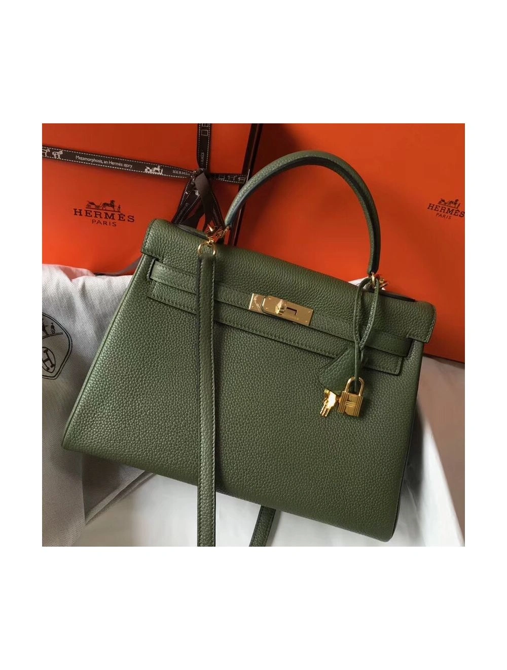 Hermes Kelly 32cm Bag In Canopee Clemence Leather GHW