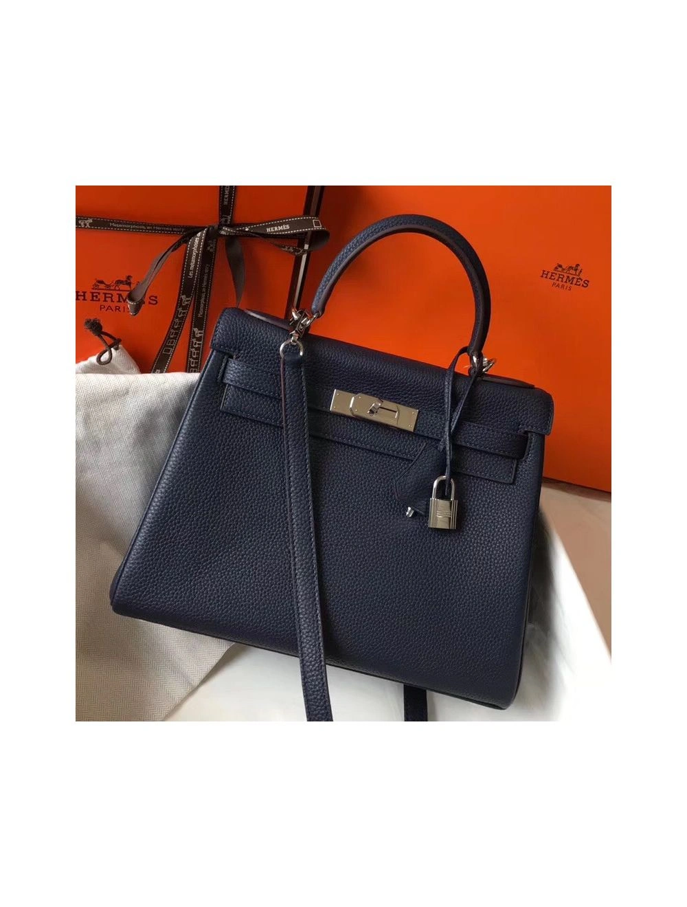 Hermes Kelly 32cm Bag In Dark Blue Clemence Leather PHW