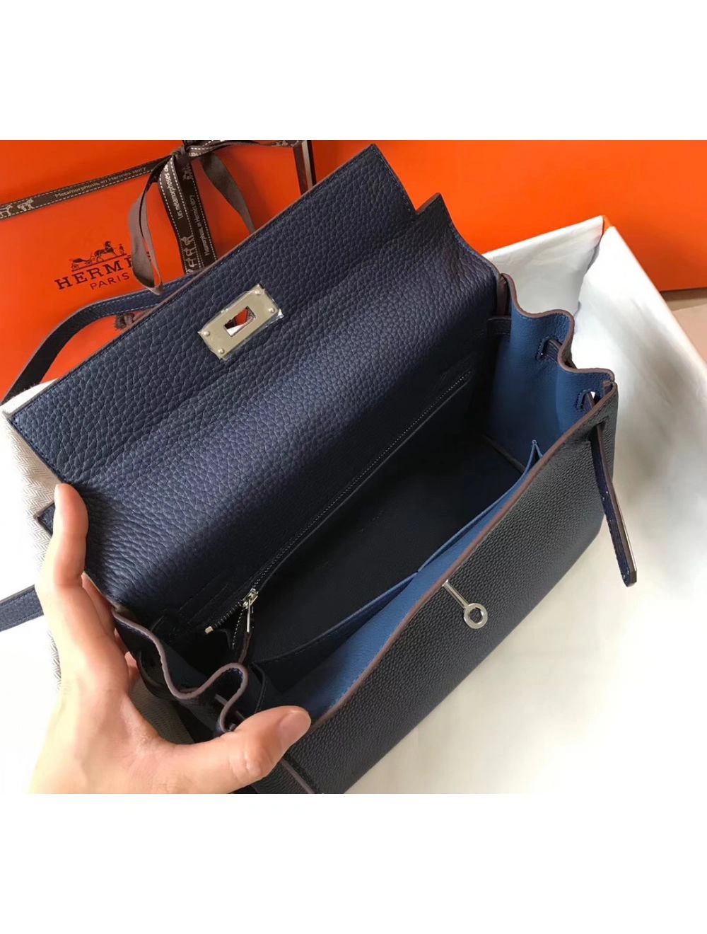 Hermes Kelly 32cm Bag In Dark Blue Clemence Leather PHW
