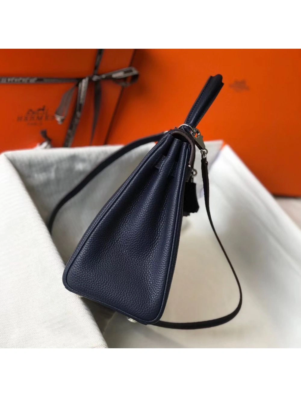 Hermes Kelly 32cm Bag In Dark Blue Clemence Leather PHW