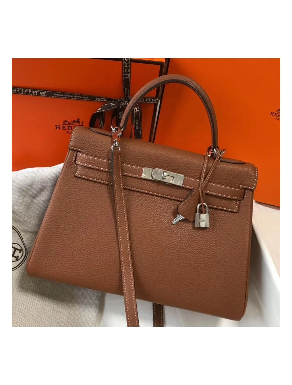 Hermes Kelly 32cm Bag In Gold Clemence Leather PHW