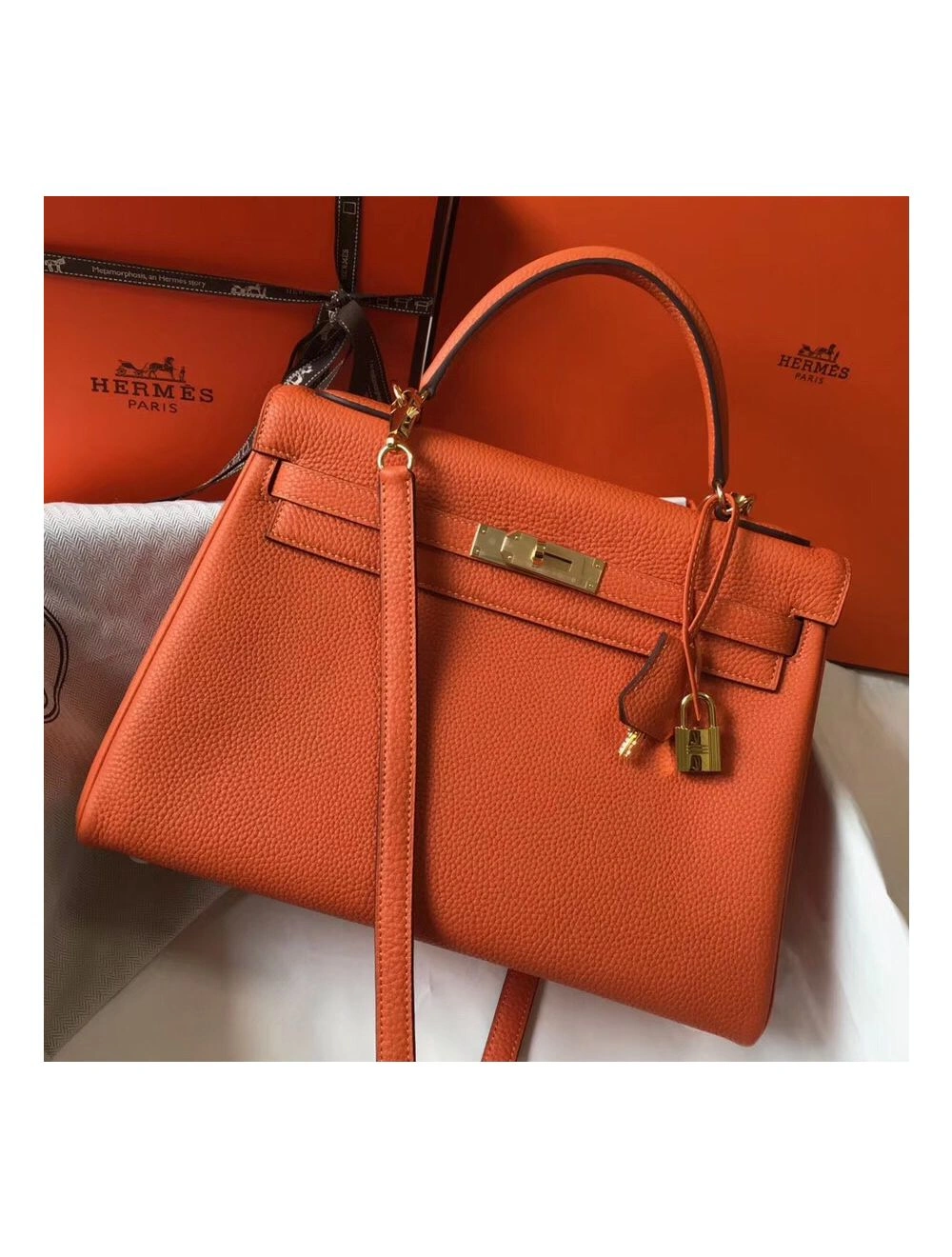 Hermes Kelly 32cm Bag In Orange Clemence Leather GHW