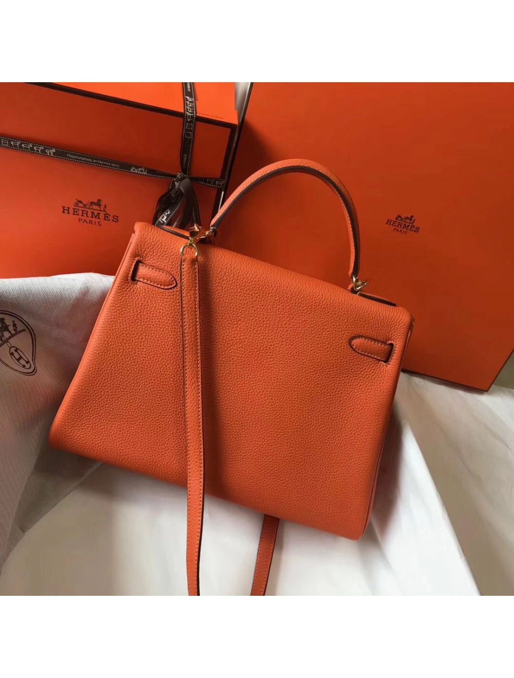 Hermes Kelly 32cm Bag In Orange Clemence Leather GHW