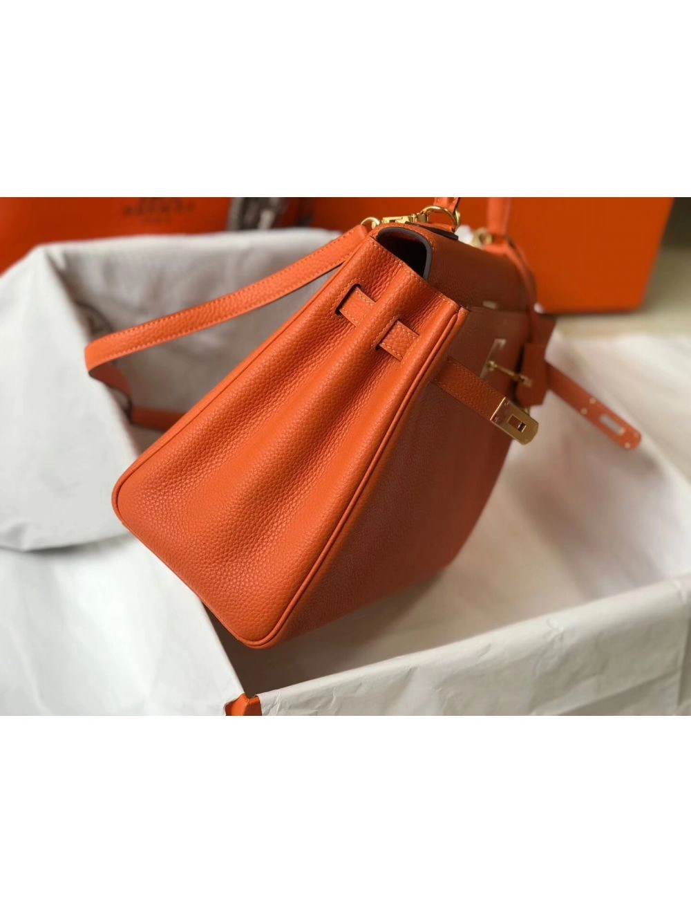 Hermes Kelly 32cm Bag In Orange Clemence Leather GHW