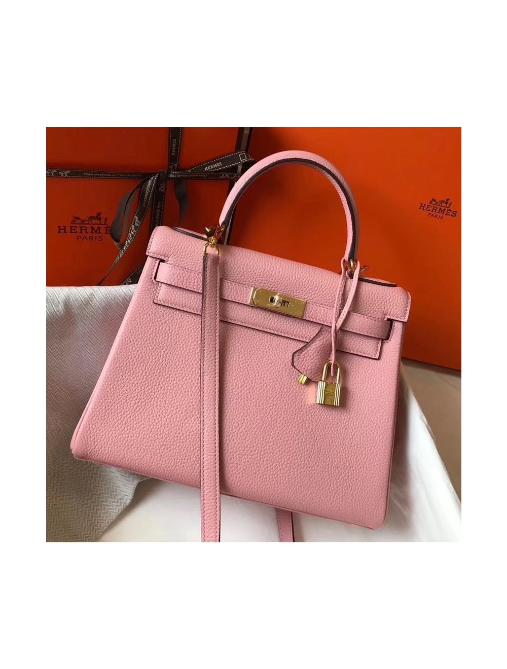 Hermes Kelly 32cm Bag In Pink Clemence Leather GHW