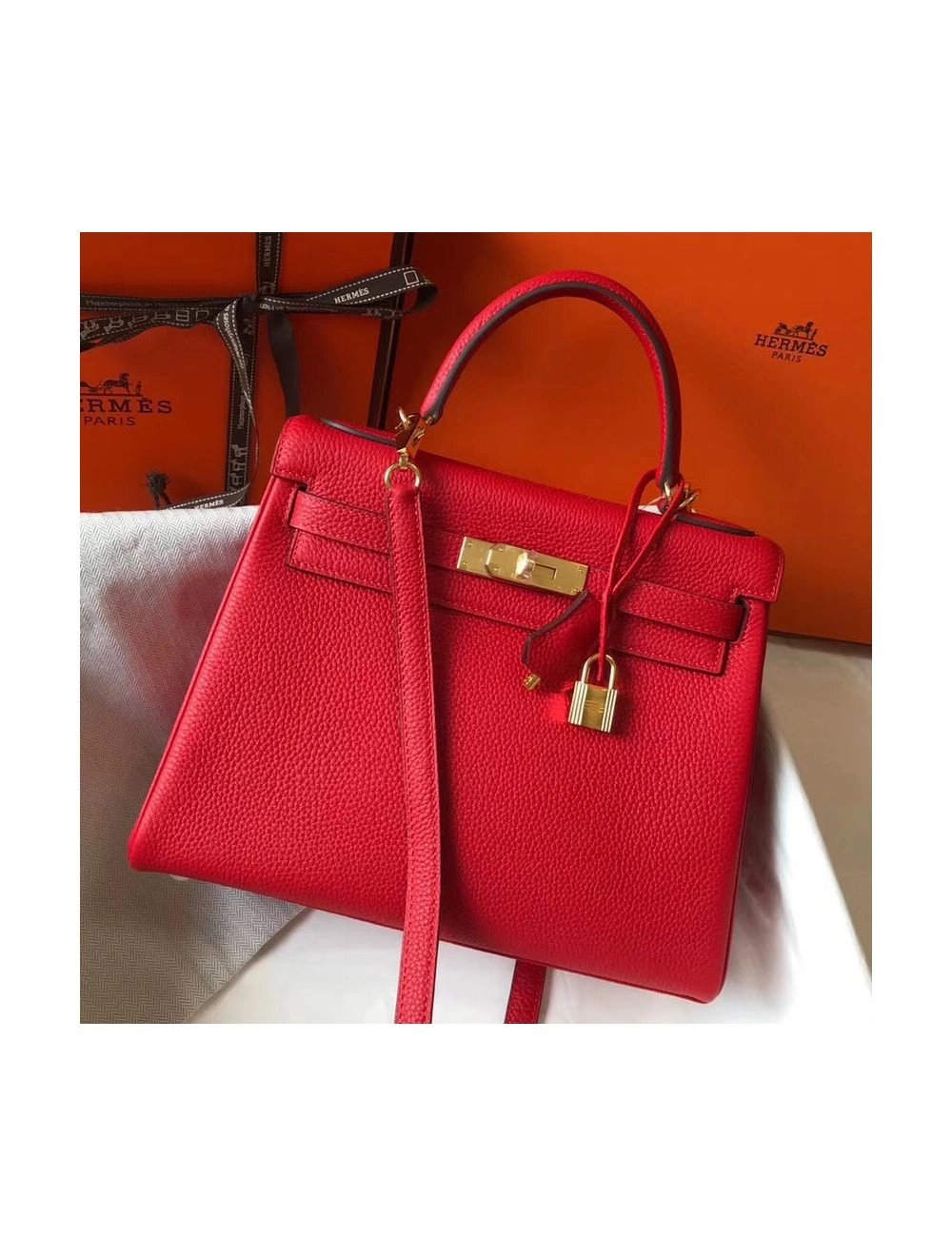 Hermes Kelly 32cm Bag In Red Clemence Leather GHW
