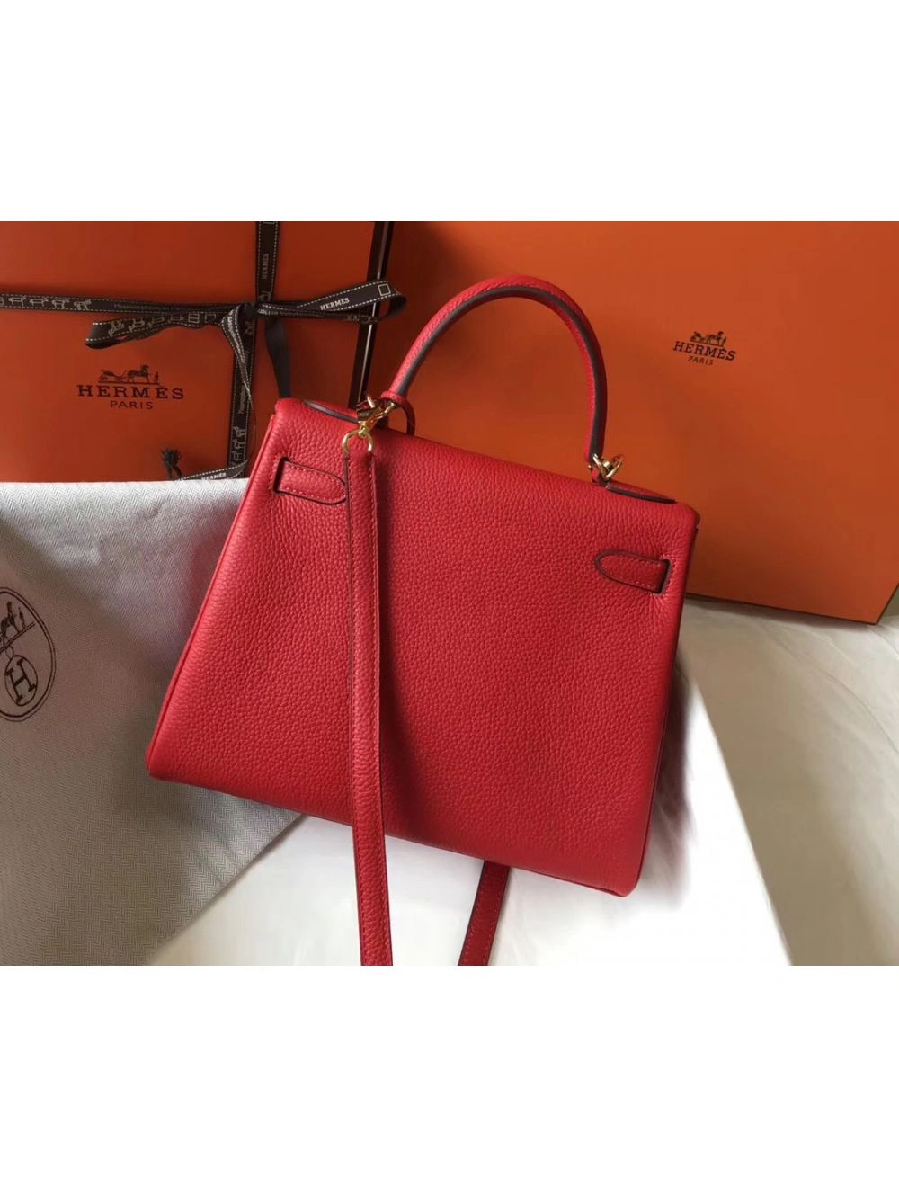 Hermes Kelly 32cm Bag In Red Clemence Leather GHW
