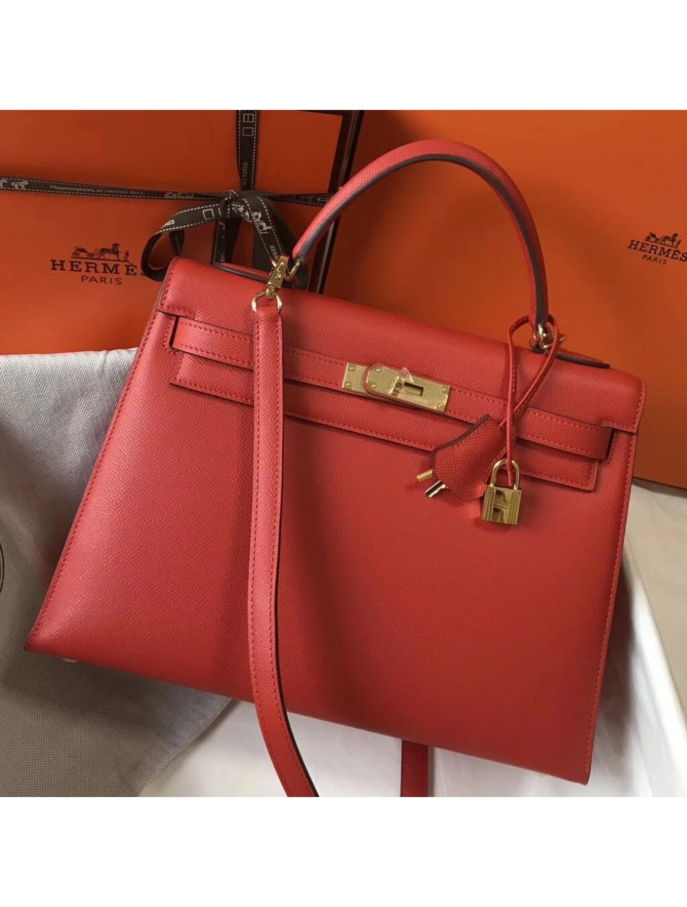 Hermes Kelly 32cm Bag In Red Epsom Leather GHW