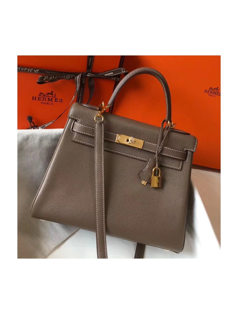 Hermes Kelly 32cm Bag In Taupe Grey Clemence Leather GHW
