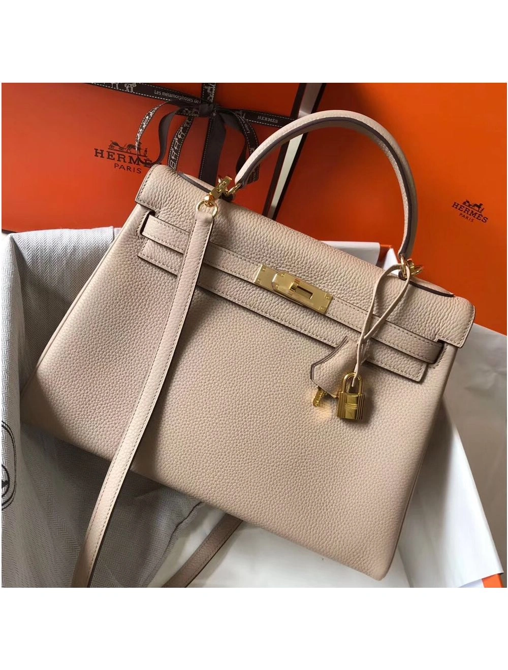 Hermes Kelly 32cm Bag In Trench Clemence Leather GHW