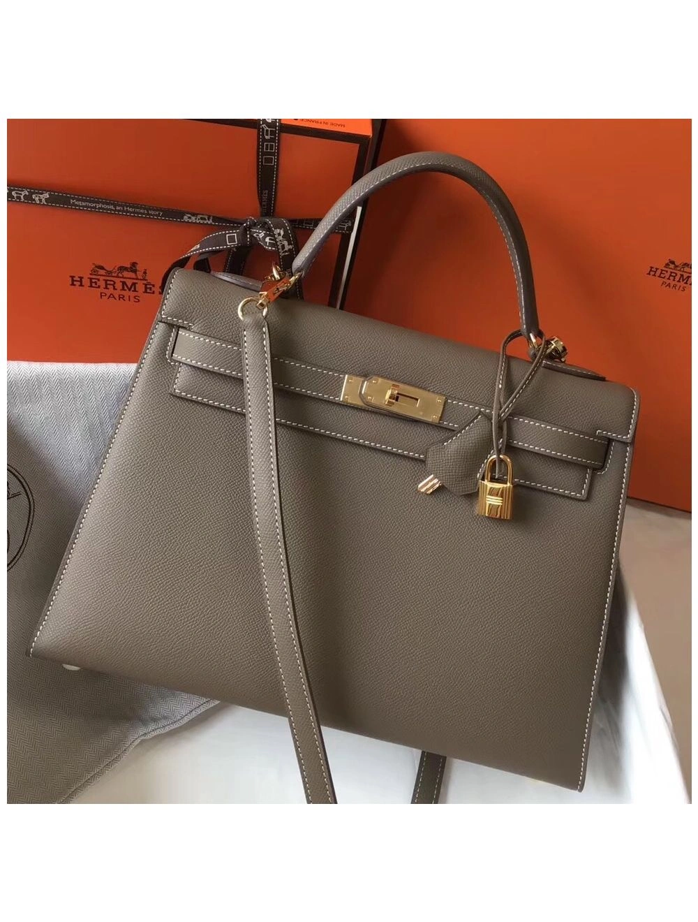 Hermes Kelly 32cm Bag In Tuape Grey Epsom Leather GHW