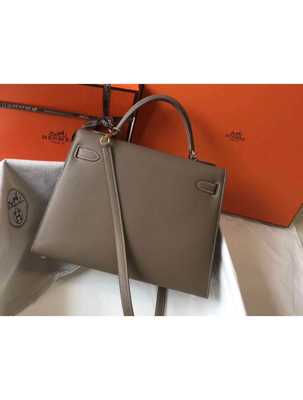 Hermes Kelly 32cm Bag In Tuape Grey Epsom Leather GHW