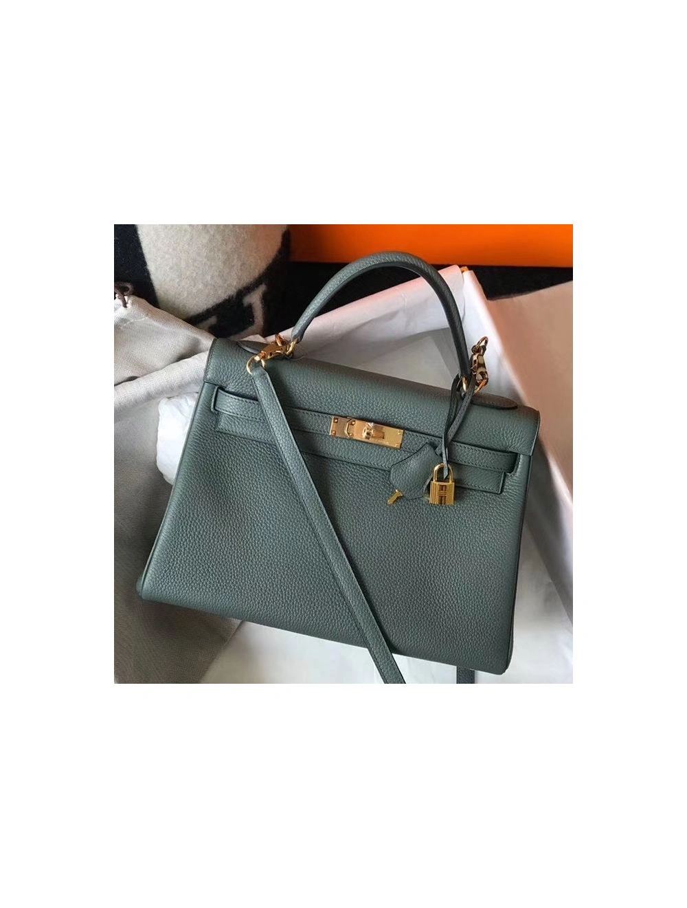 Hermes Kelly 32cm Bag In Vert Amande Clemence Leather GHW