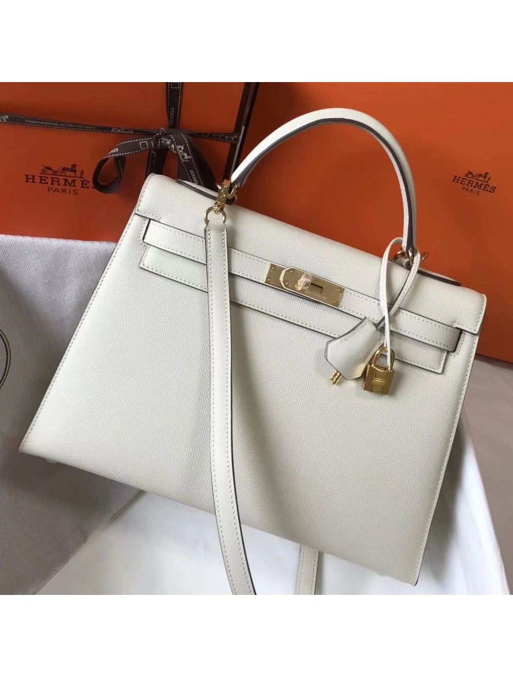 Hermes Kelly 32cm Bag In White Epsom Leather GHW