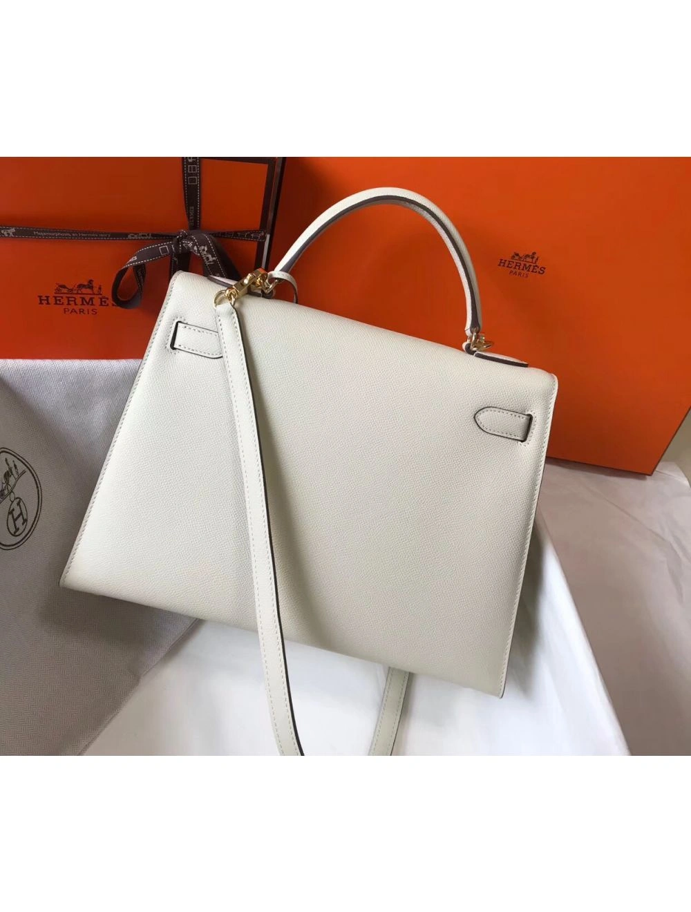 Hermes Kelly 32cm Bag In White Epsom Leather GHW