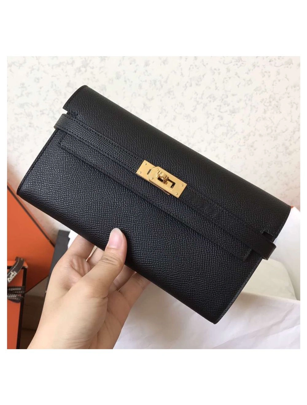 Hermes Kelly Classic Long Wallet In Black Epsom Leather