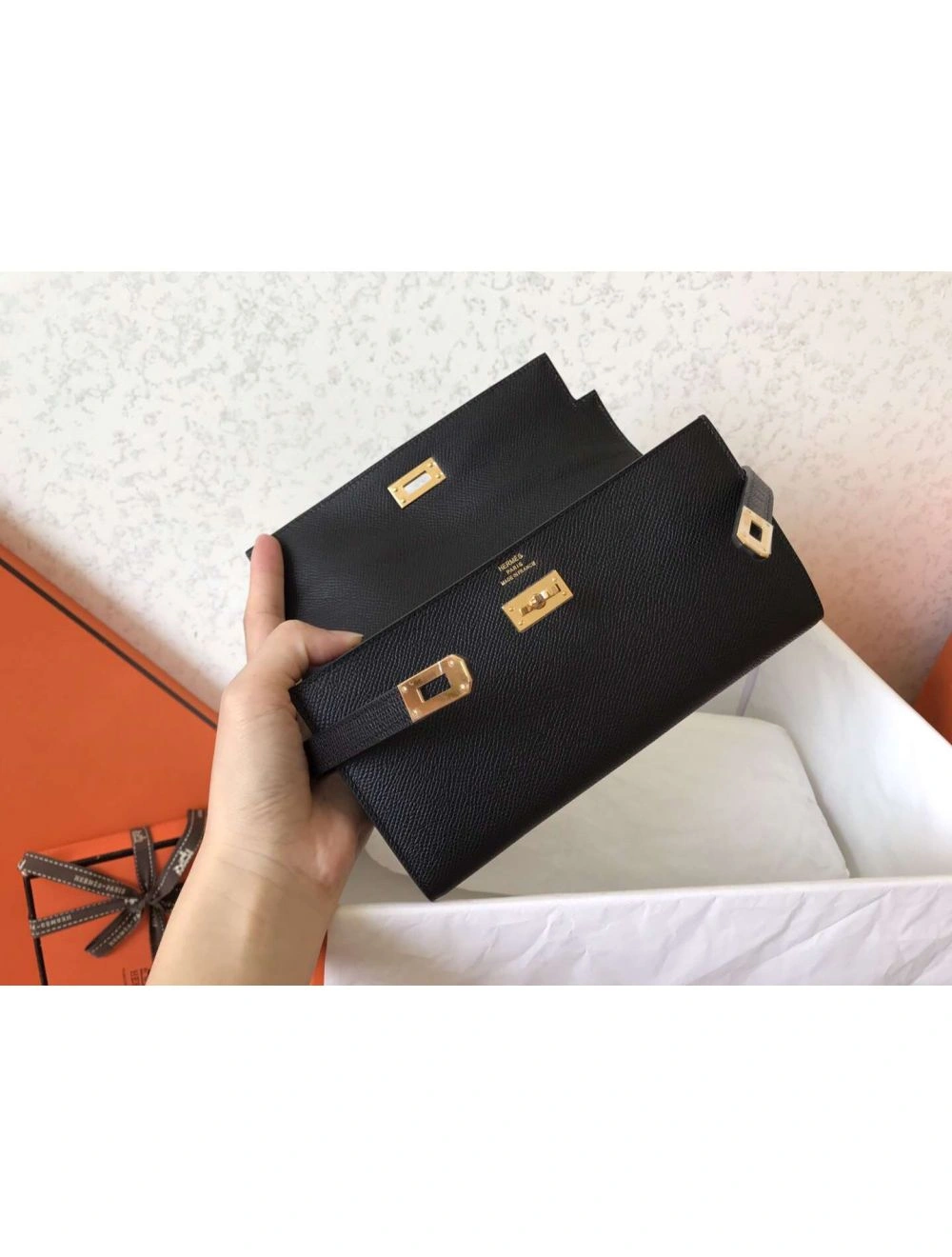 Hermes Kelly Classic Long Wallet In Black Epsom Leather