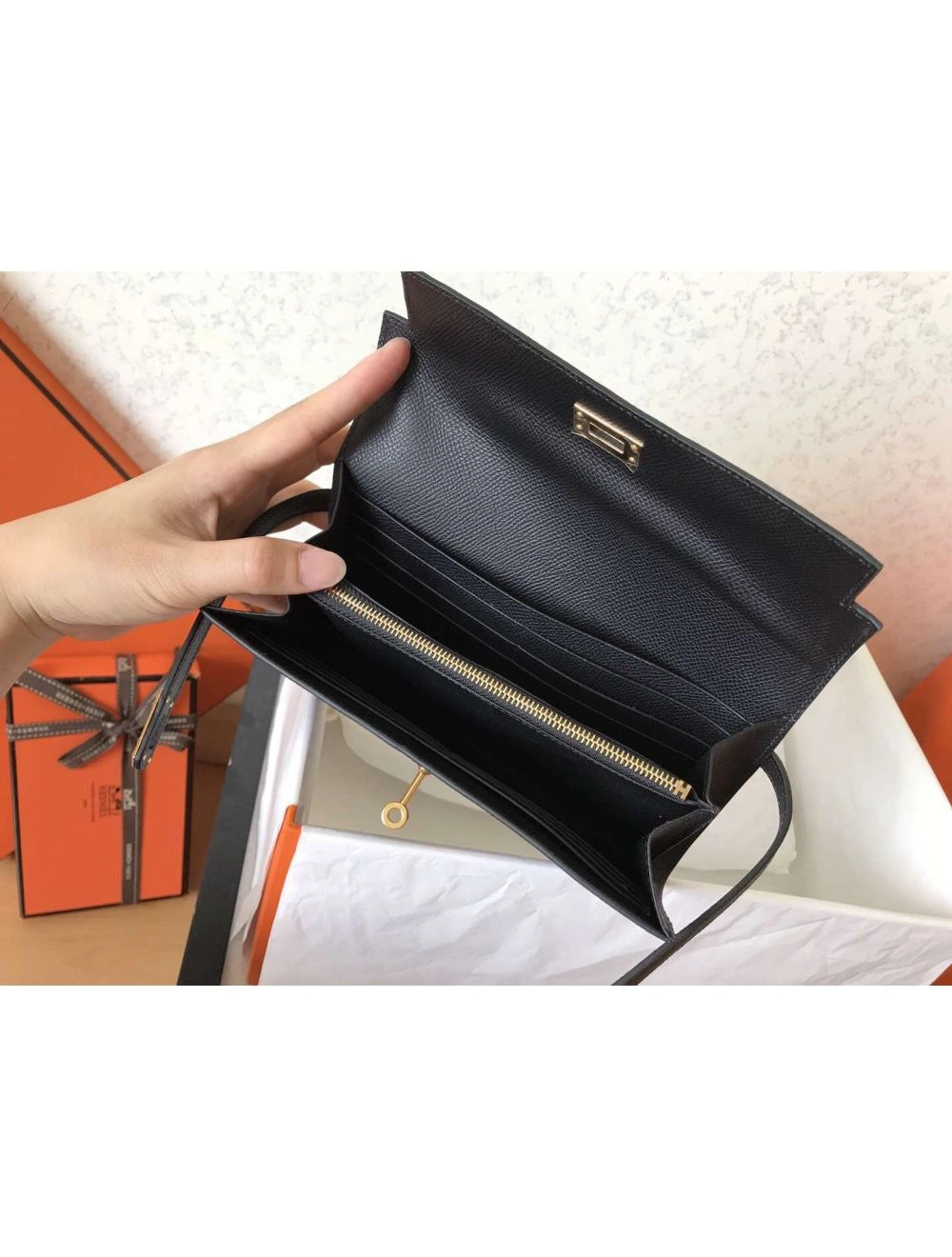 Hermes Kelly Classic Long Wallet In Black Epsom Leather