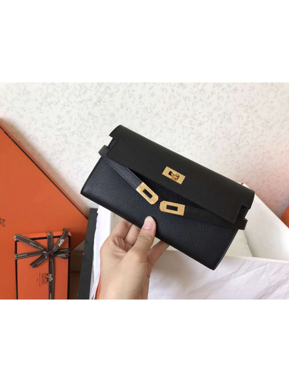 Hermes Kelly Classic Long Wallet In Black Epsom Leather