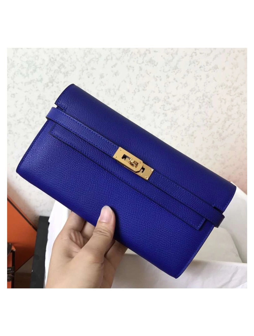 Hermes Kelly Classic Long Wallet In Blue Electric Epsom Leather