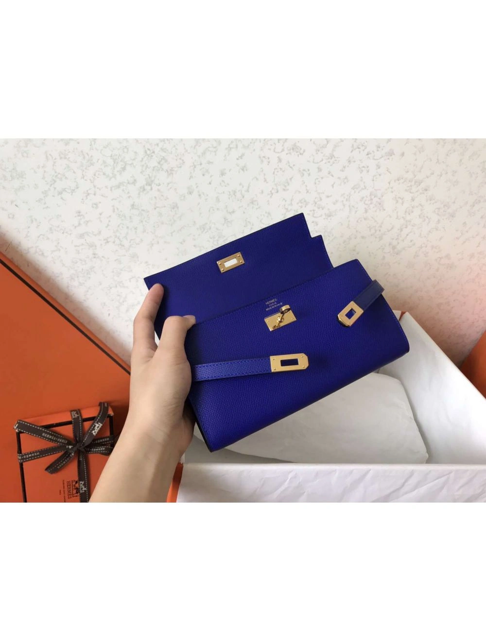 Hermes Kelly Classic Long Wallet In Blue Electric Epsom Leather