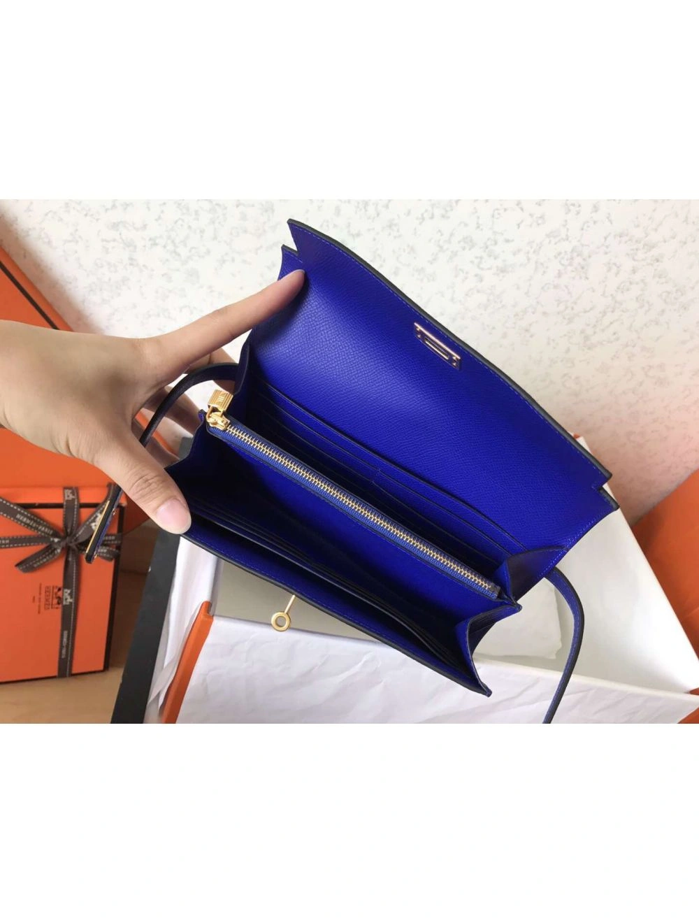 Hermes Kelly Classic Long Wallet In Blue Electric Epsom Leather