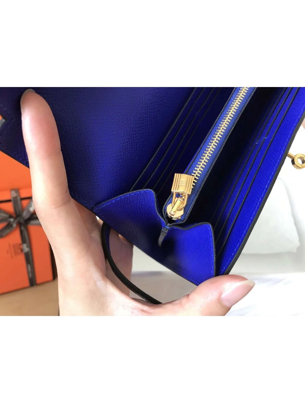 Hermes Kelly Classic Long Wallet In Blue Electric Epsom Leather