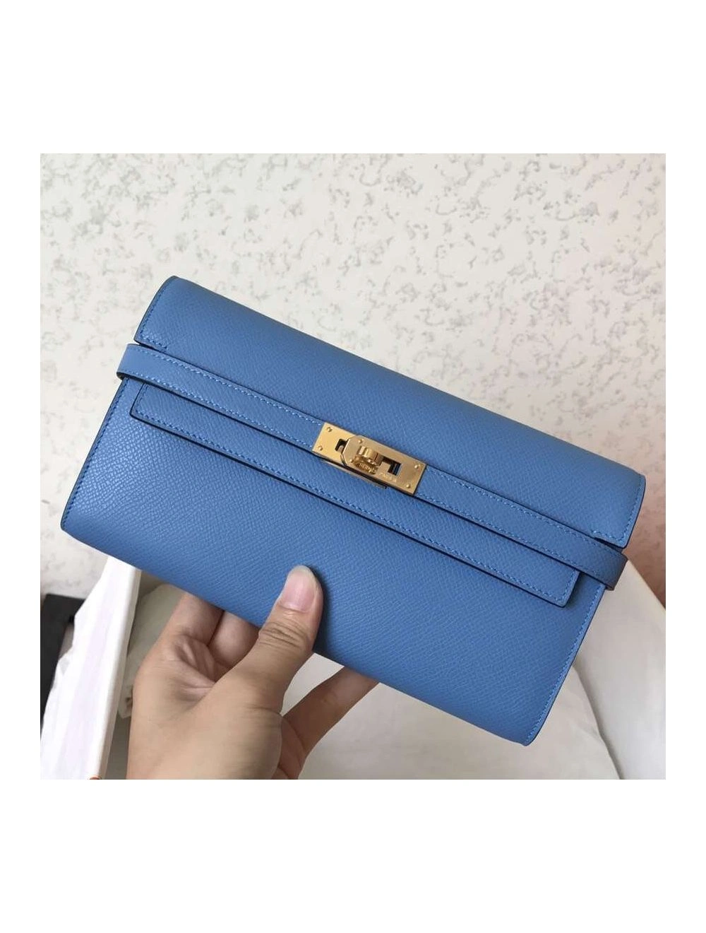 Hermes Kelly Classic Long Wallet In Blue Jean Epsom Leather