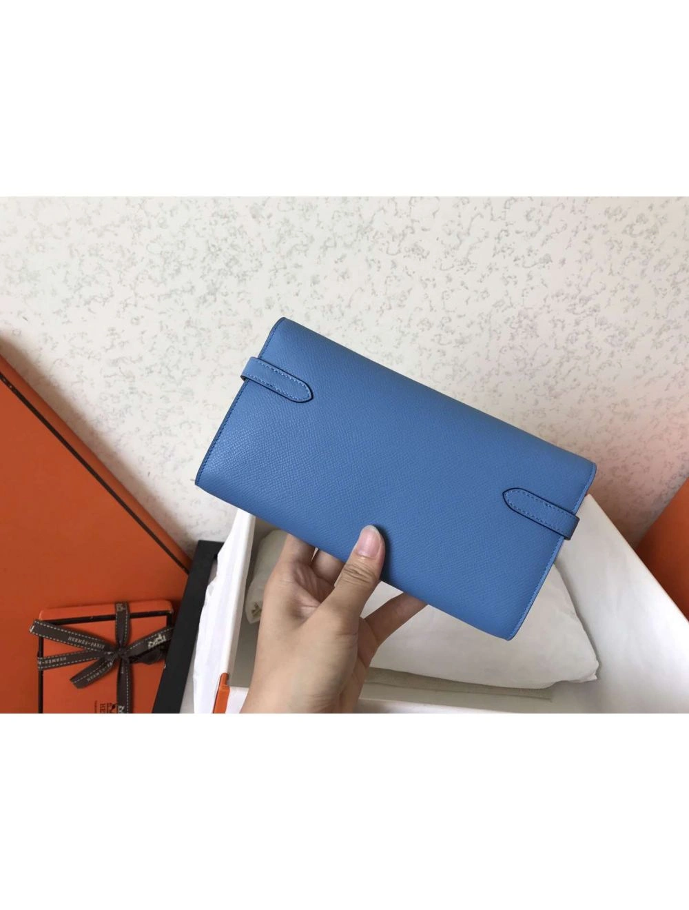 Hermes Kelly Classic Long Wallet In Blue Jean Epsom Leather