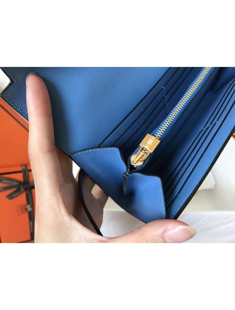 Hermes Kelly Classic Long Wallet In Blue Jean Epsom Leather