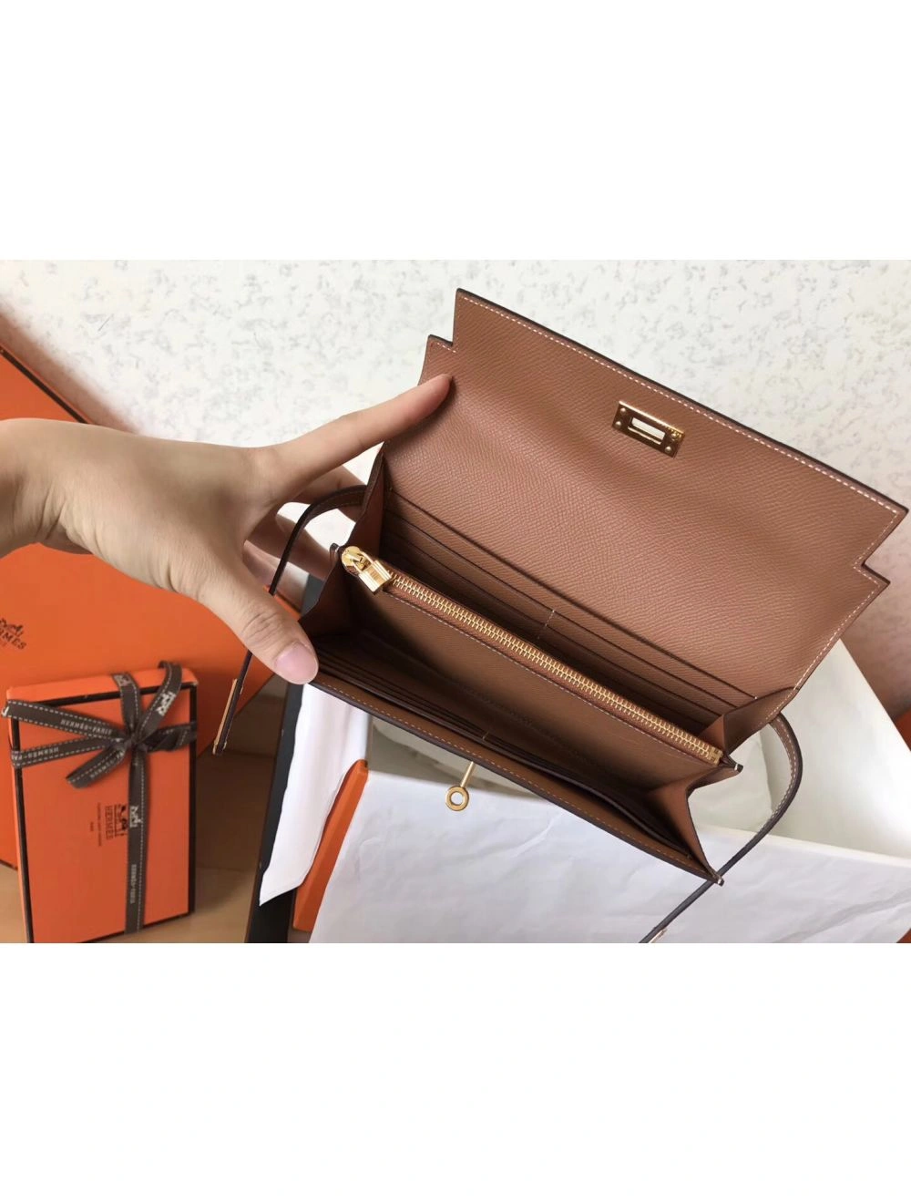 Hermes Kelly Classic Long Wallet In Brown Epsom Leather