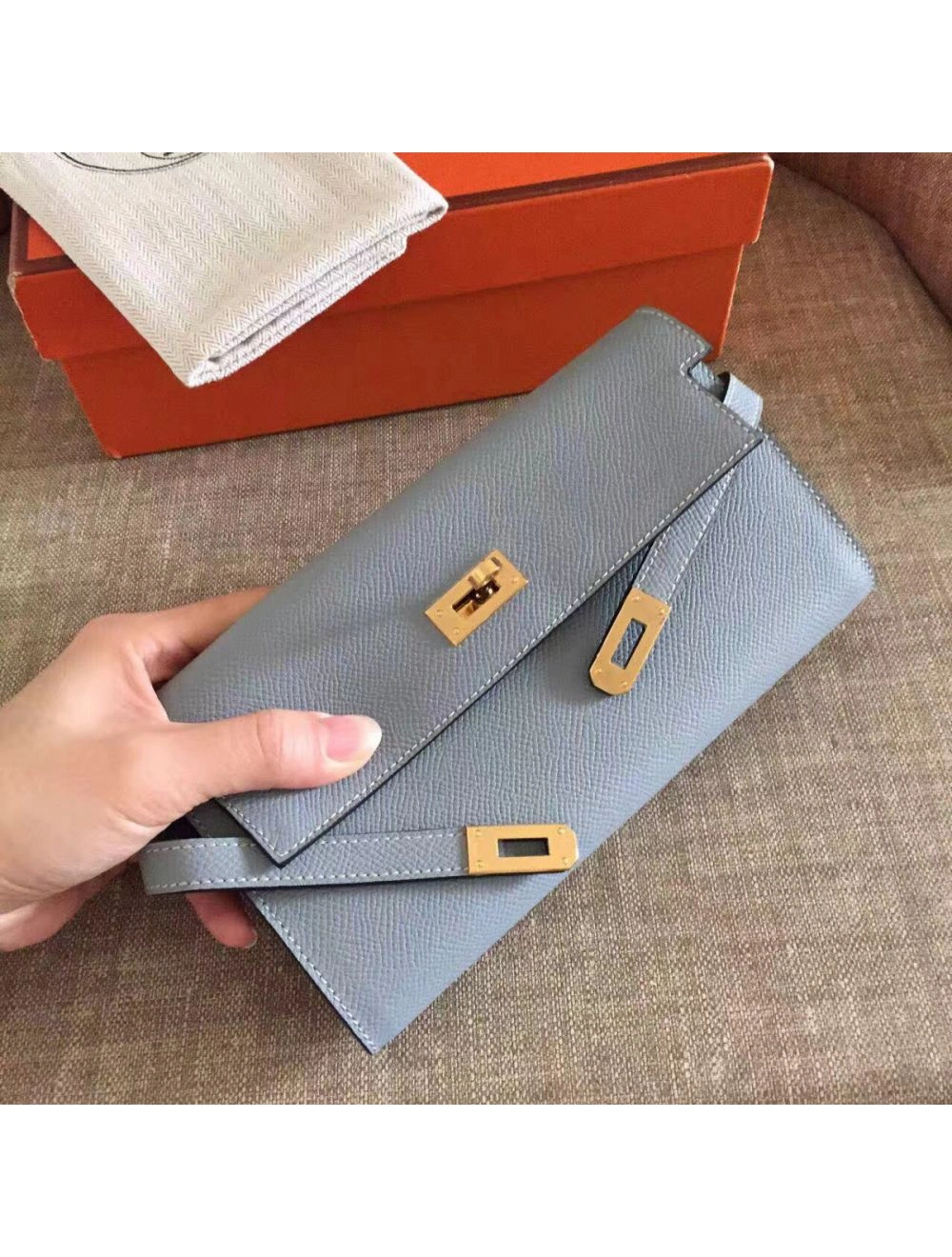 Hermes Kelly Classic Long Wallet In Ciel Epsom Leather