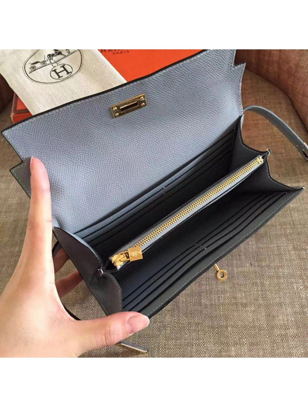 Hermes Kelly Classic Long Wallet In Ciel Epsom Leather