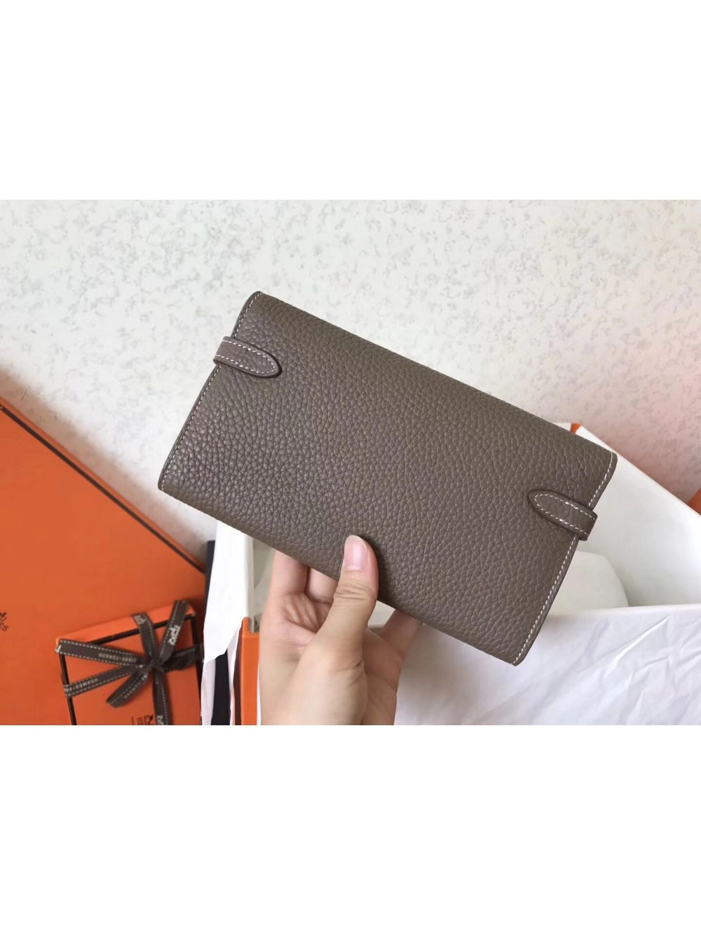 Hermes Kelly Classic Long Wallet In Etoupe Clemence Leather