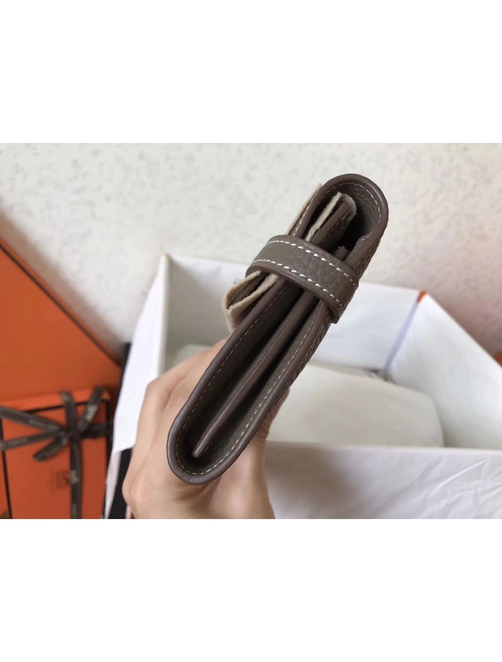 Hermes Kelly Classic Long Wallet In Etoupe Clemence Leather