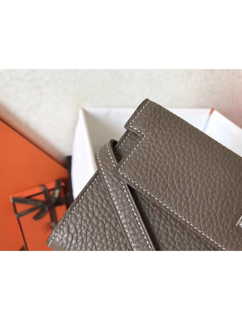 Hermes Kelly Classic Long Wallet In Etoupe Clemence Leather