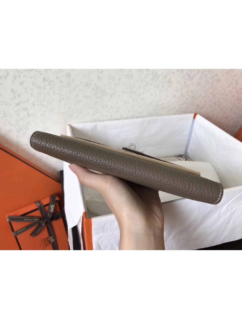 Hermes Kelly Classic Long Wallet In Etoupe Clemence Leather