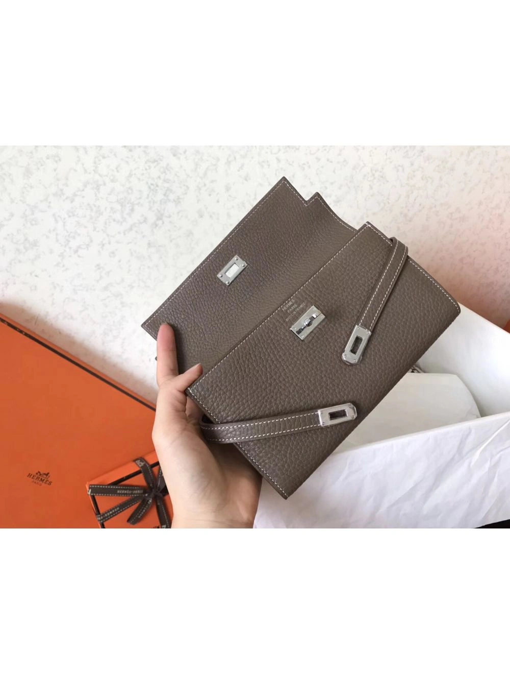 Hermes Kelly Classic Long Wallet In Etoupe Clemence Leather