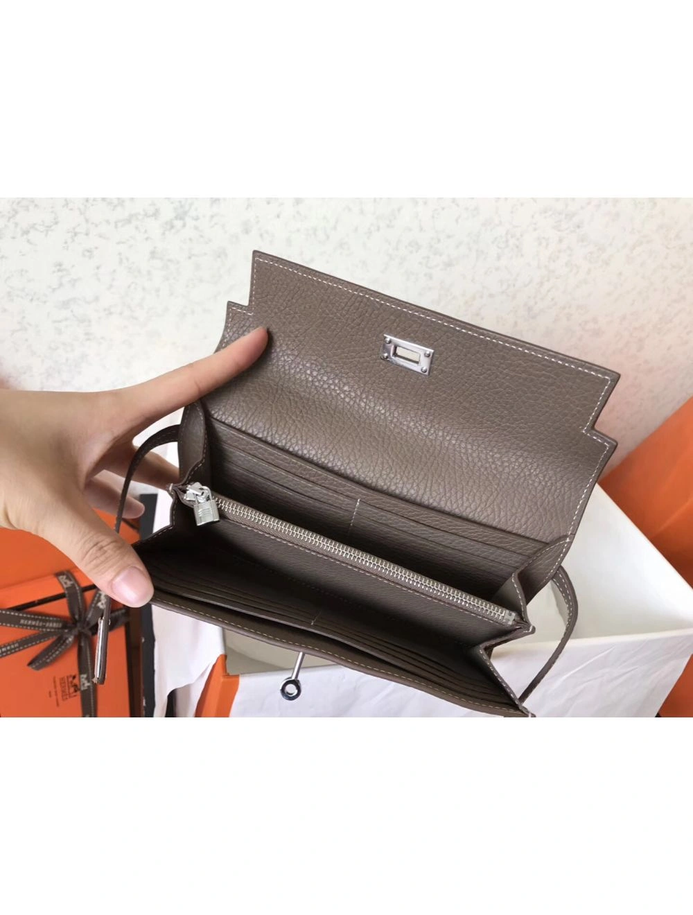Hermes Kelly Classic Long Wallet In Etoupe Clemence Leather