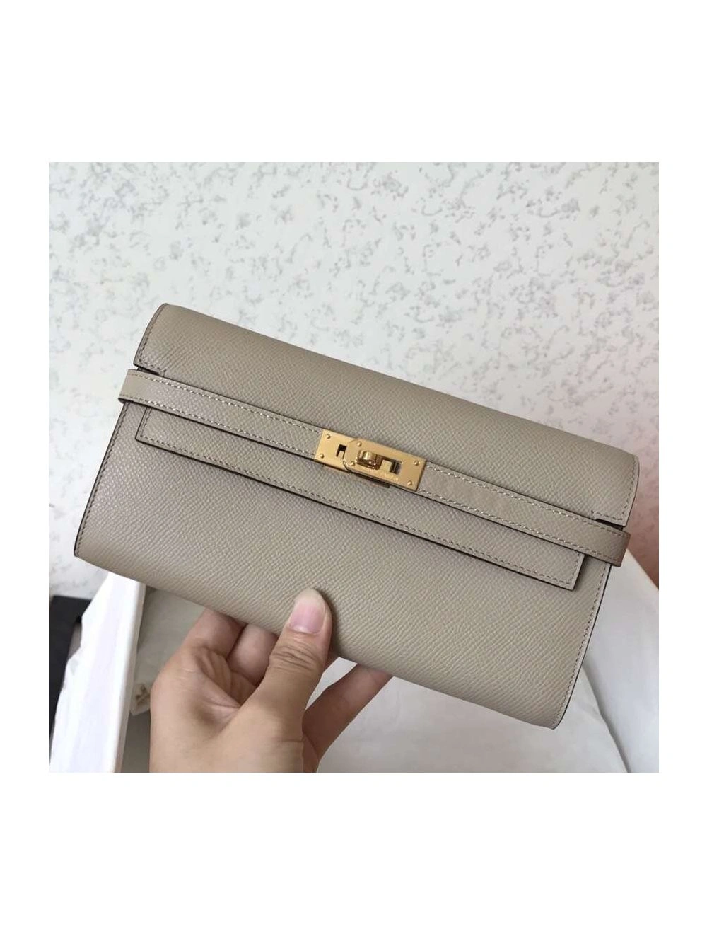 Hermes Kelly Classic Long Wallet In Grey Epsom Leather